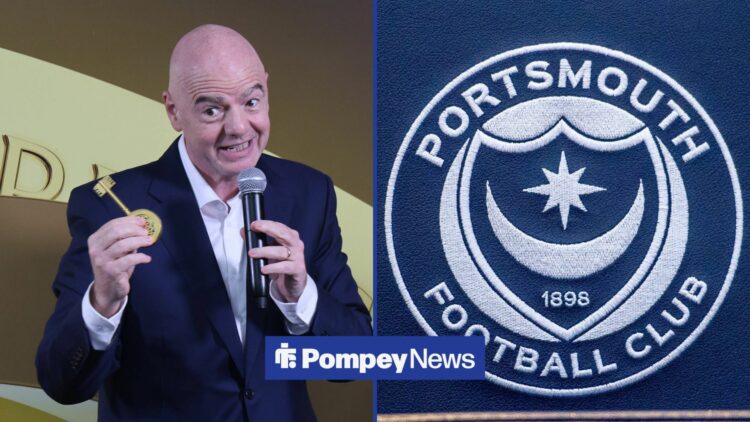 Gianni Infantino in left inset with Portsmouth badge in right inset