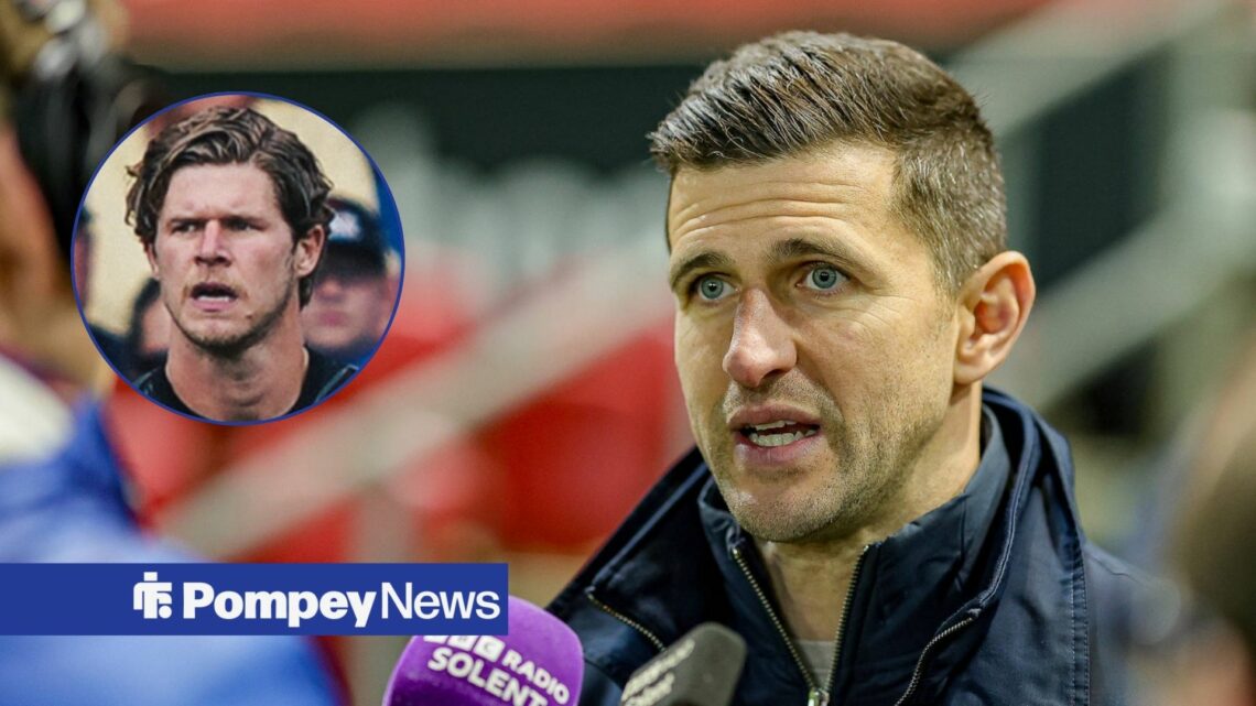 John Mousinho speaking into microphones with Ben Killip in circular inset