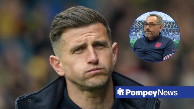 John Mousinho looking deflated with Guy Whittingham in circular inset