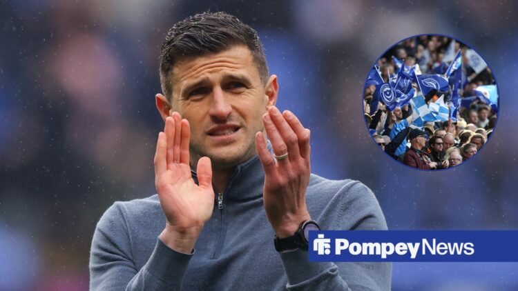 John Mousinho clapping with Portsmouth fans in circular inset