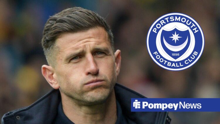 John Mousinho stressed with Portsmouth badge in circular inset