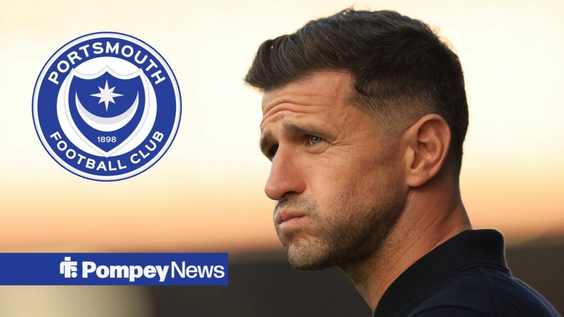 John Mousinho looks disheartened with Portsmouth badge in circular inset