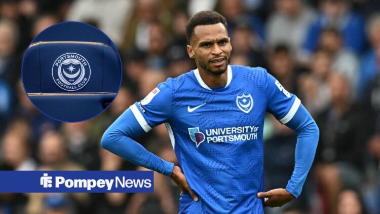 Josh Murphy playing for Portsmouth with Portsmouth badge in left circular inset