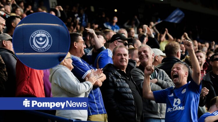Leicester fans celebrating with Portsmouth badge in left circular inset
