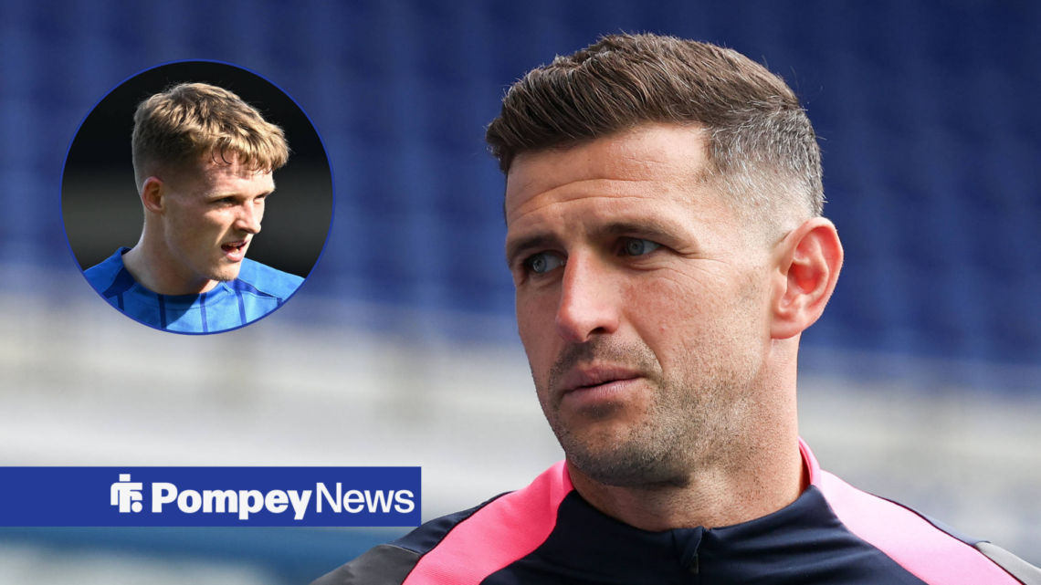 Portsmouth manager John Mousinho looking confused and Terry Devlin in circular inset