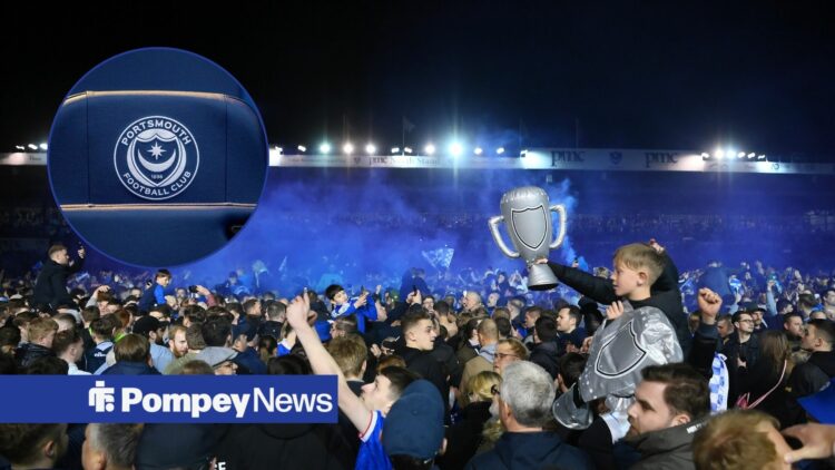 Fratton Park with Portsmouth badge in left circular inset