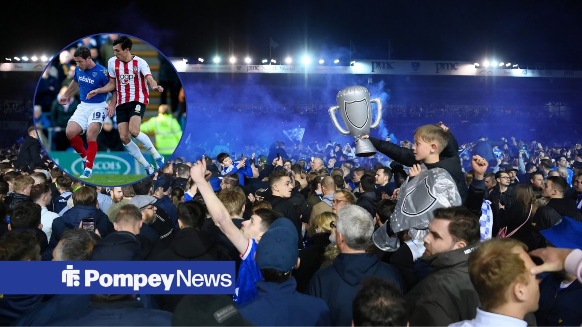 Portsmouth fans with Portsmouth vs Southampton in right circular inset