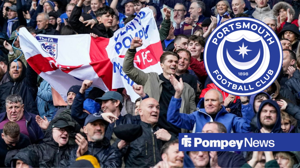 An image of Portsmouth fans celebrating, next to a circular inset of the Portsmouth badge