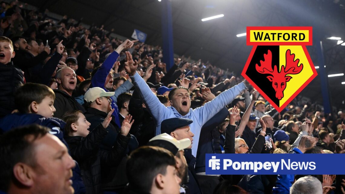 Portsmouth fans at Fratton Park with Watford badge