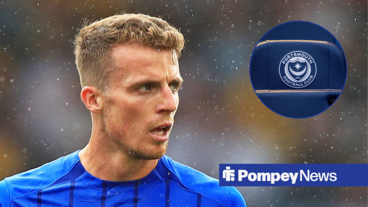 Conor Shaughnessy playing for Portsmouth with badge in circular inset