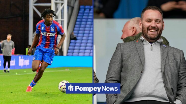 Franco Umeh dribbling for Crystal Palace in left inset with Rich Hughes in right inset