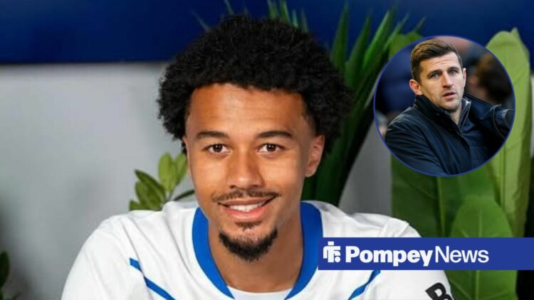Florian Bianchini at contract signing in white Portsmouth away shirt with John Mousinho worried in circular inset