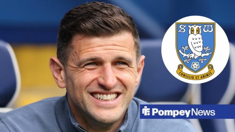 John Mousinho on bench with Sheffield Wednesday badge in circular inset
