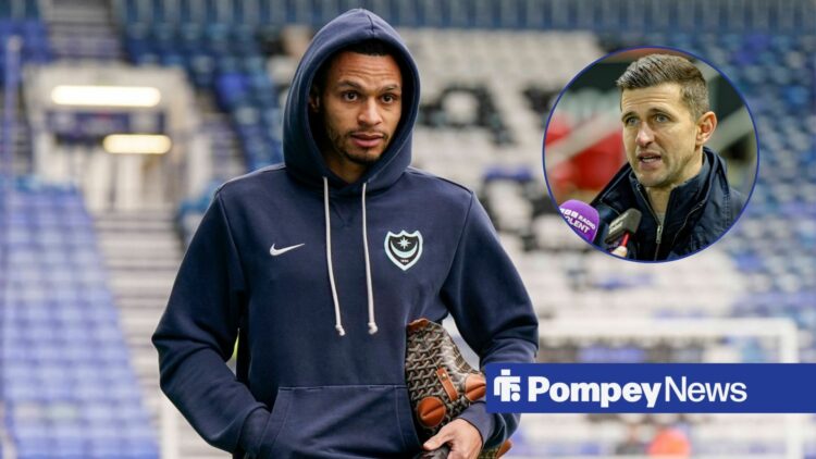 Josh Murphy in Portsmouth hoodie at Fratton Park with John Mousinho in circular inset