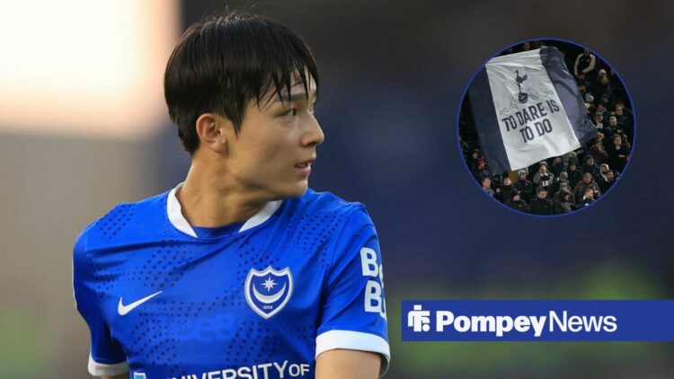 Yang Min-hyeok in Portsmouth's blue strip on the left looking to the right with image of Spurs fans holding up flag on the right.