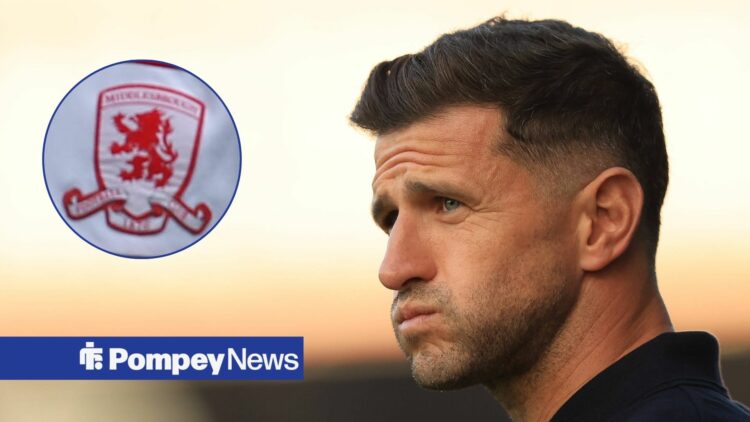 John Mousinho looking frustrated with Middlesbrough badge in circle