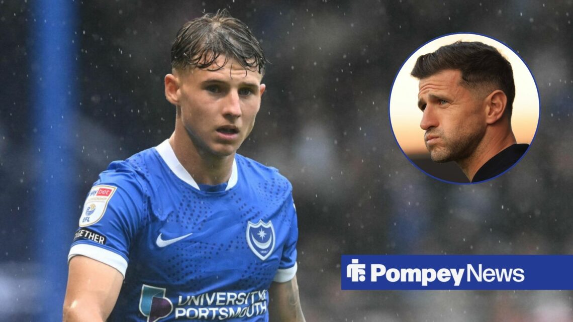 Adrian Segecic in Portsmouth home shirt with John Mousinho in circular inset