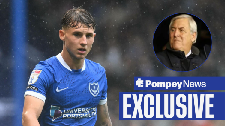 Adrian Segecic in blue Portsmouth home shirt with Kieth Hackett in circular inset and Exclusive tag