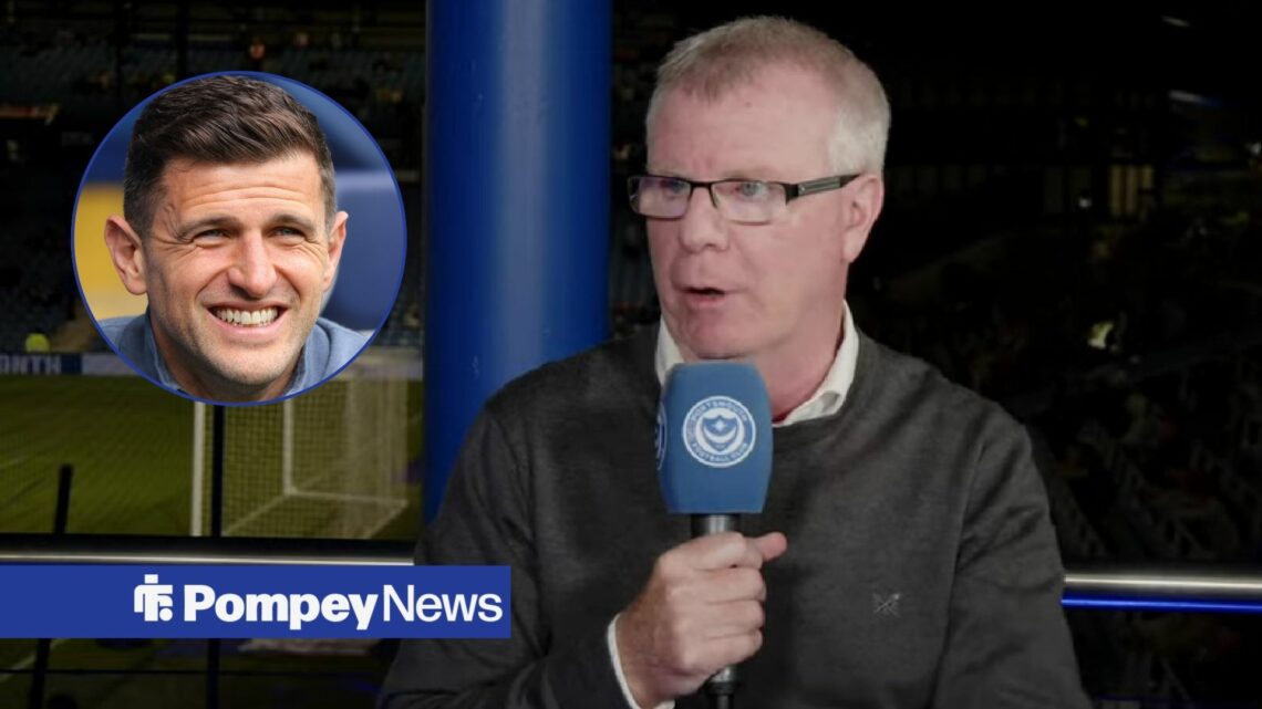 Andy Awford speaking on microhpone with John Mousinho in circular inset,