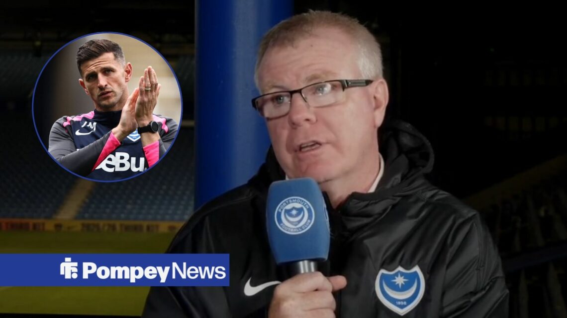 Andy Awford speaks on Portsmouth microphone with John Mousinho in circular inset
