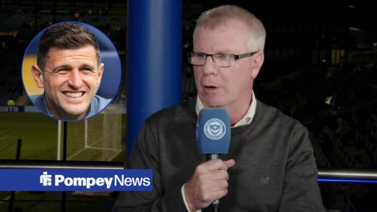 Andy Awford speaking on microhpone with John Mousinho in circular inset,