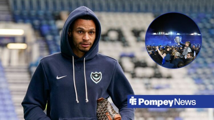 Josh Murphy with Portsmouth fans in right circular inset