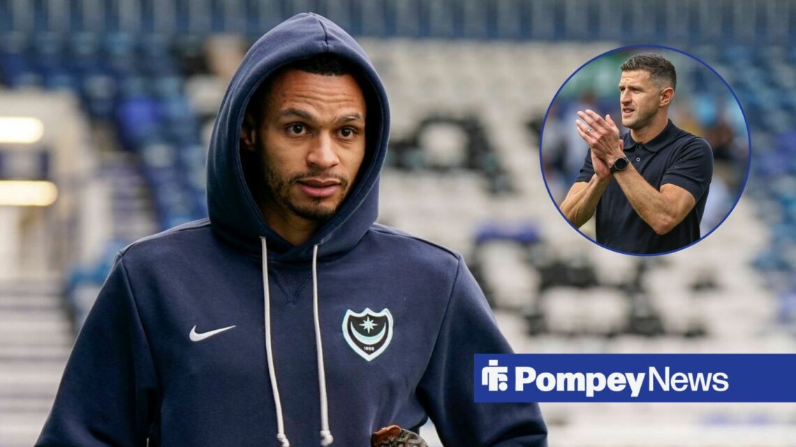 Josh Murphy in Portsmouth hoodie with John Mousinho in circular inset