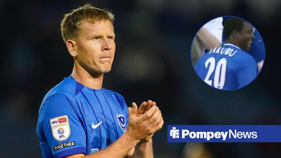 Matt Ritchie in Portsmouth home shirt with Yakubu in circular inset