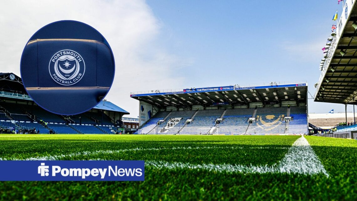Fratton Park with Portsmouth badge in left circular inset